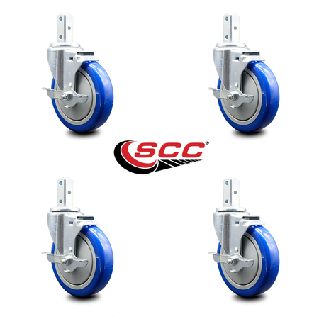 Service Caster 5 Inch Blue Poly Wheel Swivel 3/4 Inch Square Stem Caster Set with Brake SCC SCC-SQ20S514-PPUB-BLUE-TLB-34-4